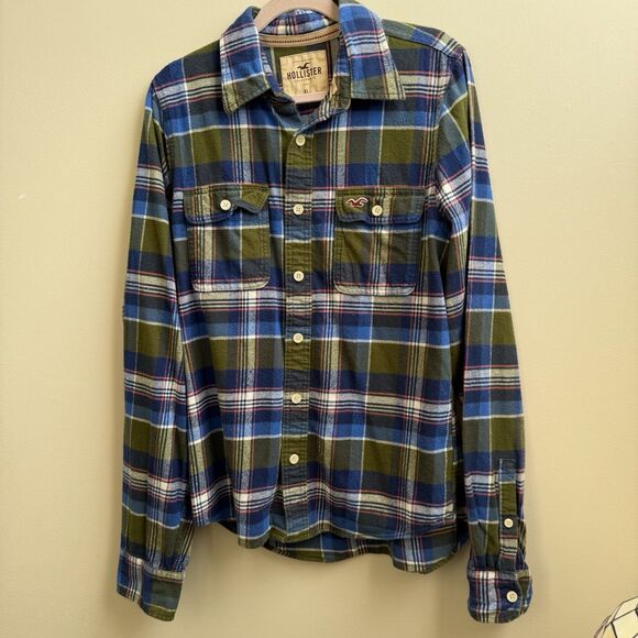 Hollister Men's Flannel Long Sleeve Button Down Shirt Size XL - Green/Blue Plaid - Picture 1 of 3